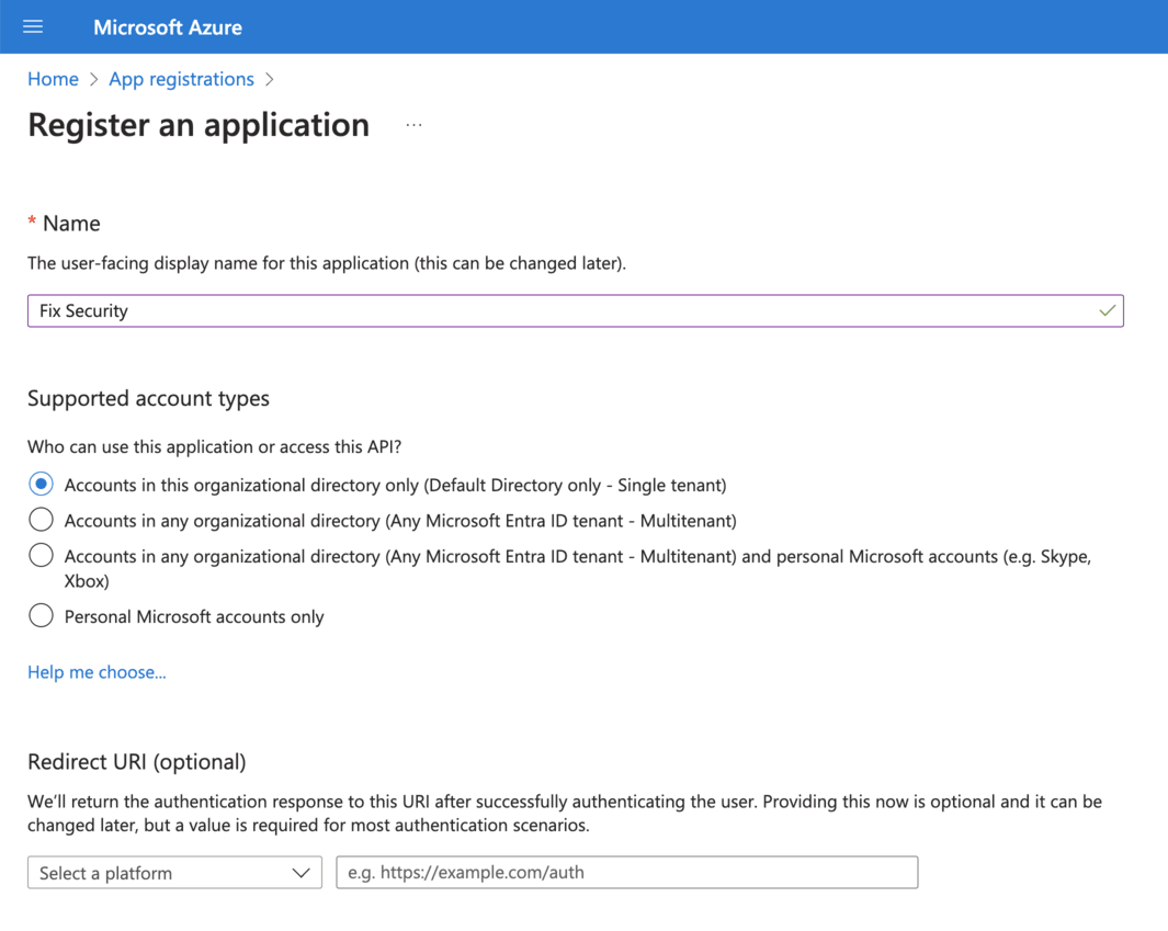 Azure register application